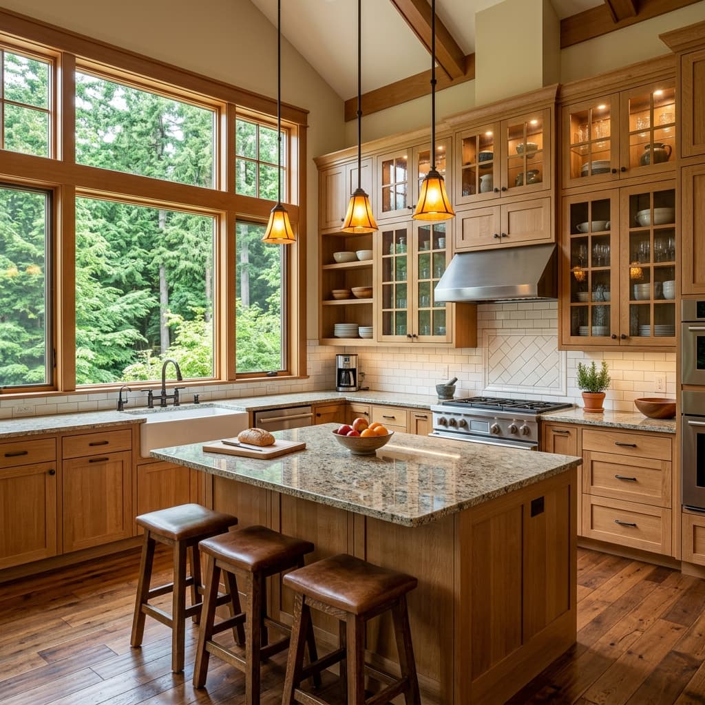 Craftsman Kitchen with granite countertops and oak cabinets