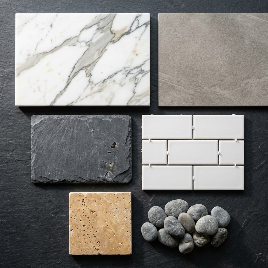 Premium bathroom tile and stone material samples — Calacatta marble, porcelain, slate, ceramic subway tile, travertine, and river rock
