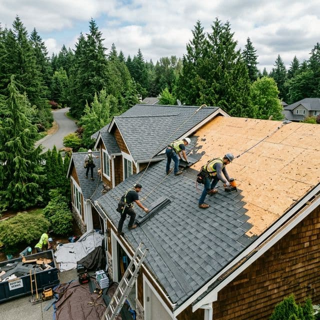 Express Restoration crew assessing storm damage to roof
